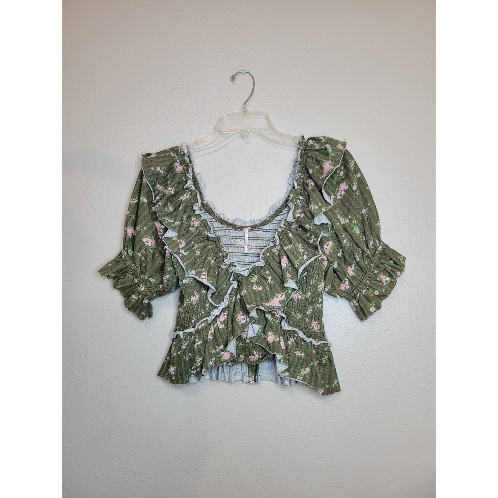 Free People Favorite Girl Top Floral Ruffle Smocked Puff Sleeve Boho Army Combo